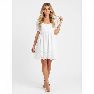 NWT Adrianna by Adrianna Papell White Cotton Eyelet Puff Sleeve Dress